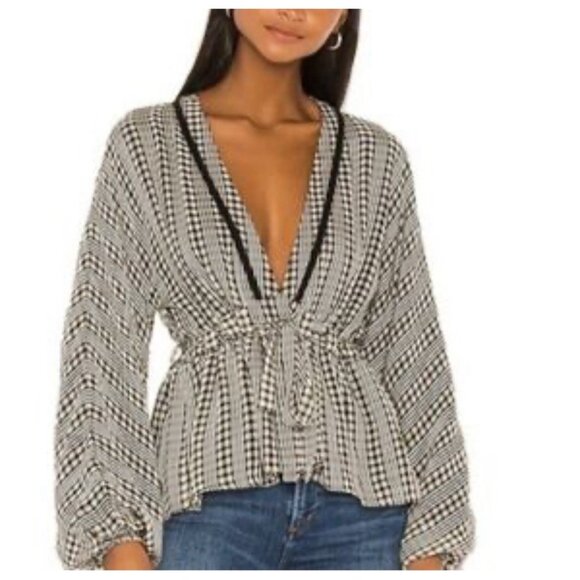 Tularosa Blouse Black And White Checkered Blouse Belted V-Neck Women's Size XL - Picture 1 of 13